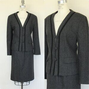Vintage 1980s Womens Suit, Russ Gray Wool Skirt And Jacket, Shoulder Pads Braid